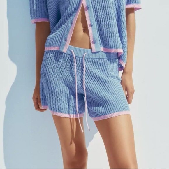 Zara Knit Lounge Shorts Blue Pink Tie Waist NWT Matching Set Coastal Size L - Picture 3 of 8